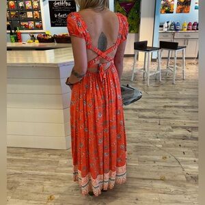 DAVI & DANI Vibrant Red Floral Dress with open tie back